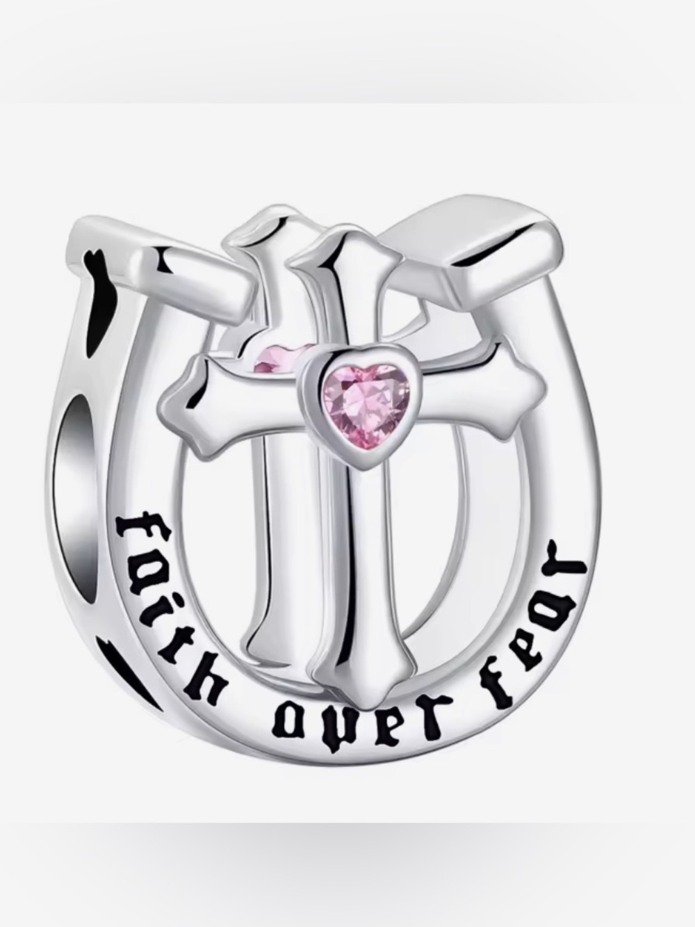 Silver & Pink Horseshoe Cross Charm